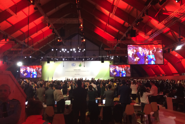 Applause in the plenary hall for the adoption of the Paris Agreement. Photo credit: Patrick Cage.