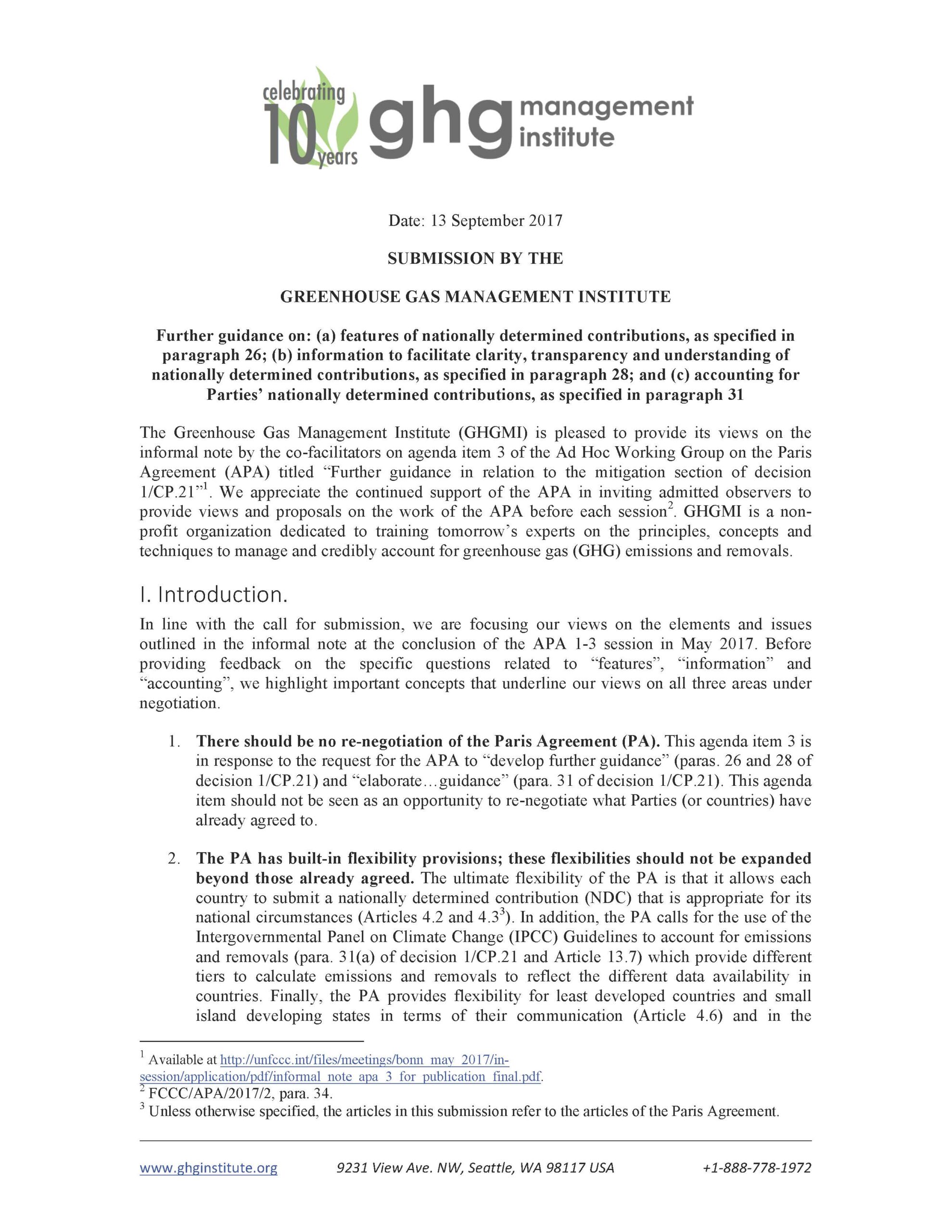 GHGMI's submitted comments to the UNFCCC Ad Hoc Working Group on the Paris Agreement