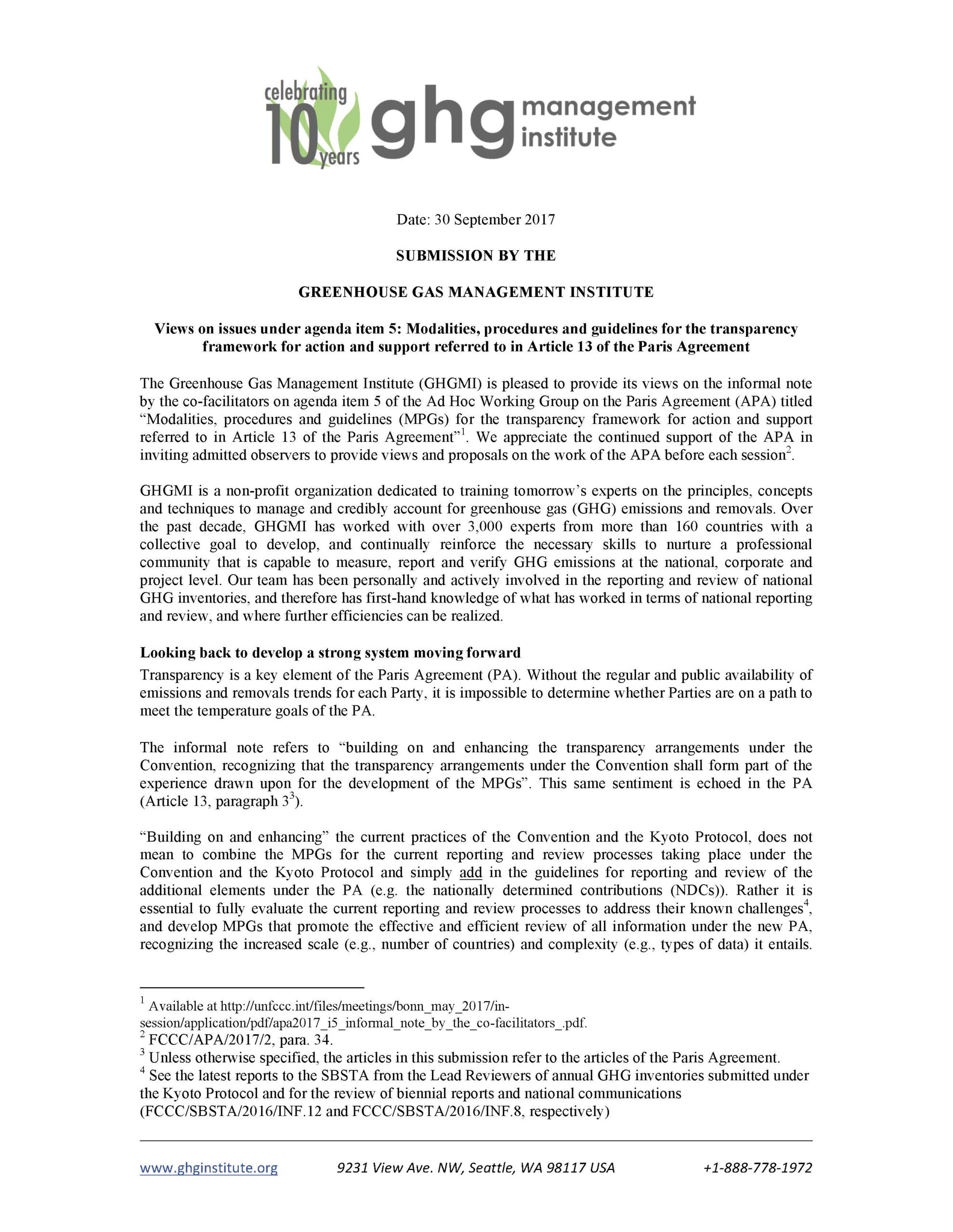 Comments to the Ad Hoc Working Group on the Paris Agreement