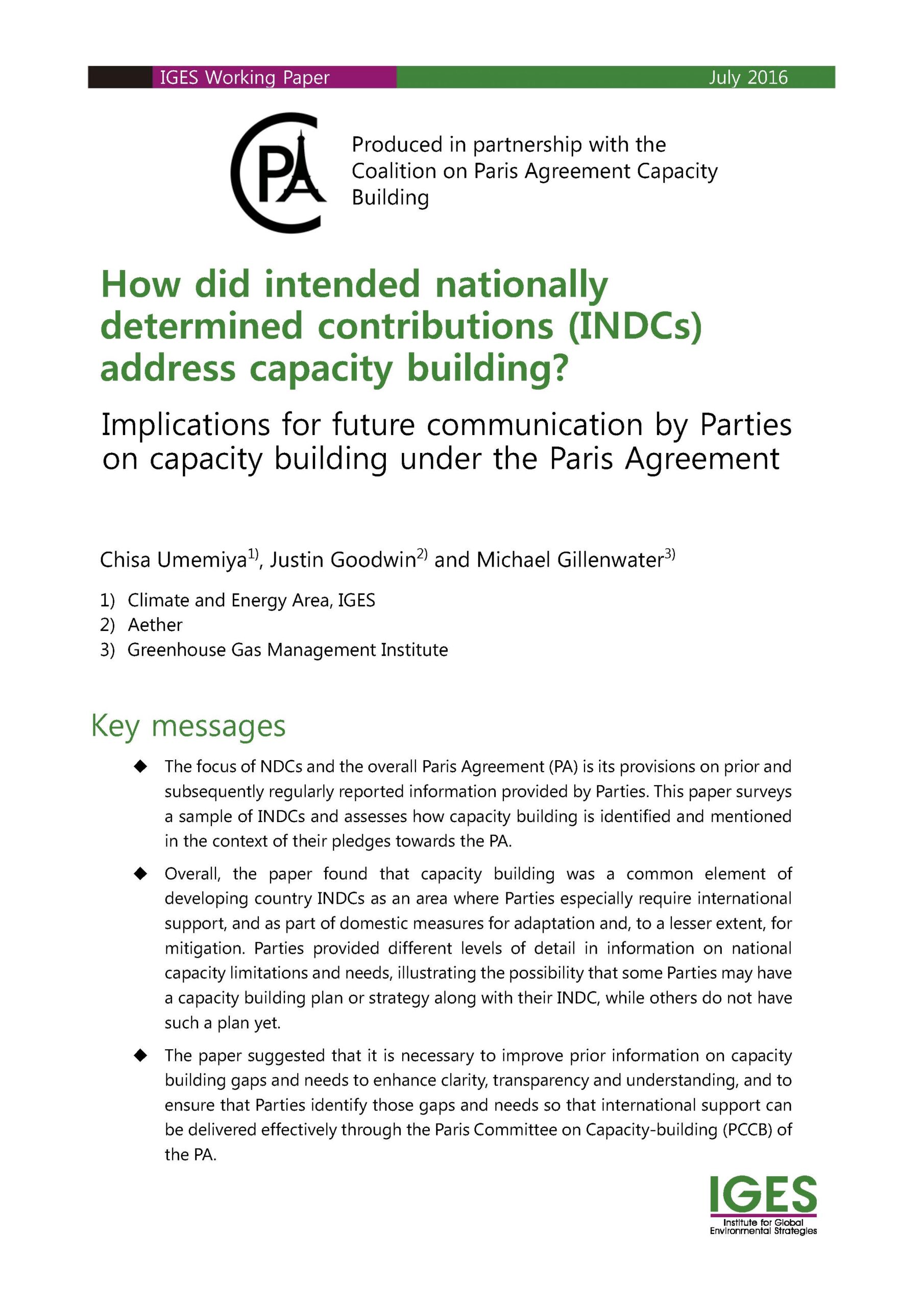 Paper: How did intended nationally determined contributions (INDCs) address capacity building? Implications for future communication by Parties on capacity building under the Paris Agreement