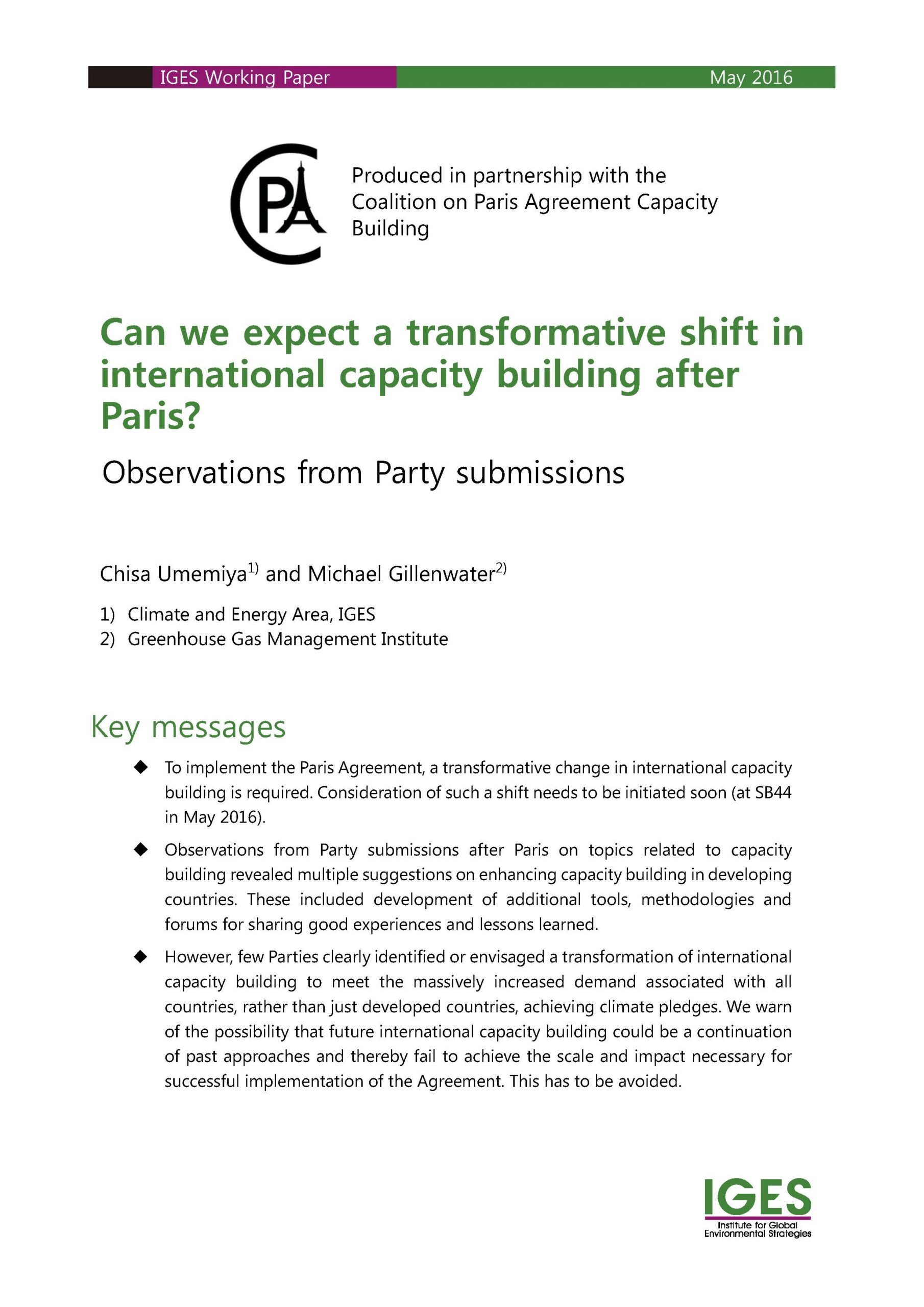 Paper on Can we expect a transformative shift in international capacity building after Paris?