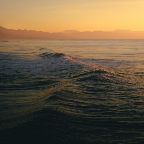 Small waves in the ocean make their way to the shore. The sun is setting in the background, casting an orange glow on the water.