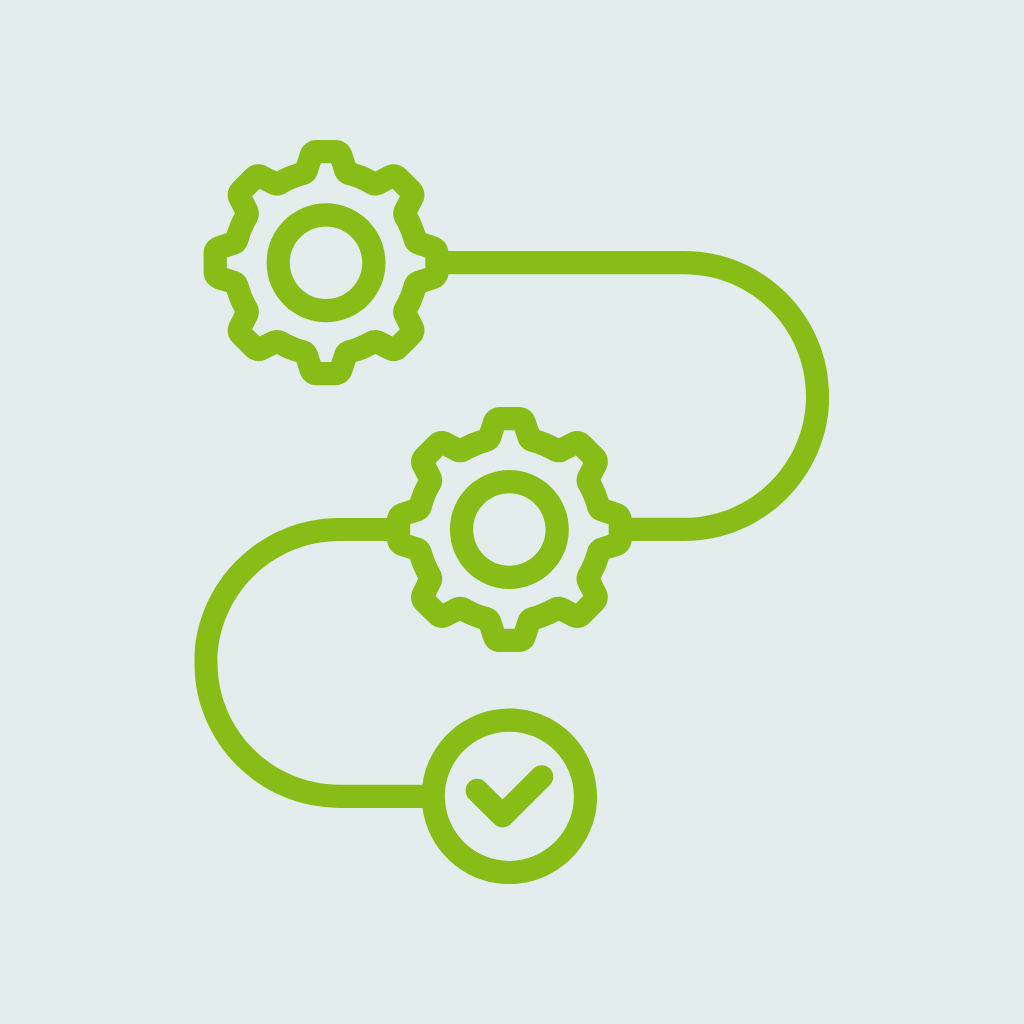 An icon of a green line connecting two gears and an encircled checkmark, all against a teal background.