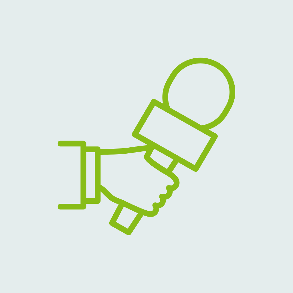 An icon of a hand holding a microphone with a teal background and green lines.