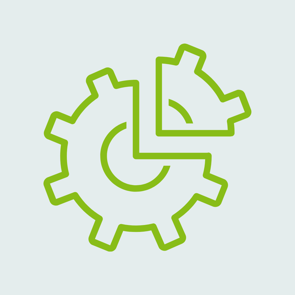 An icon of a gear coming together like a puzzle with a teal background and green lines.