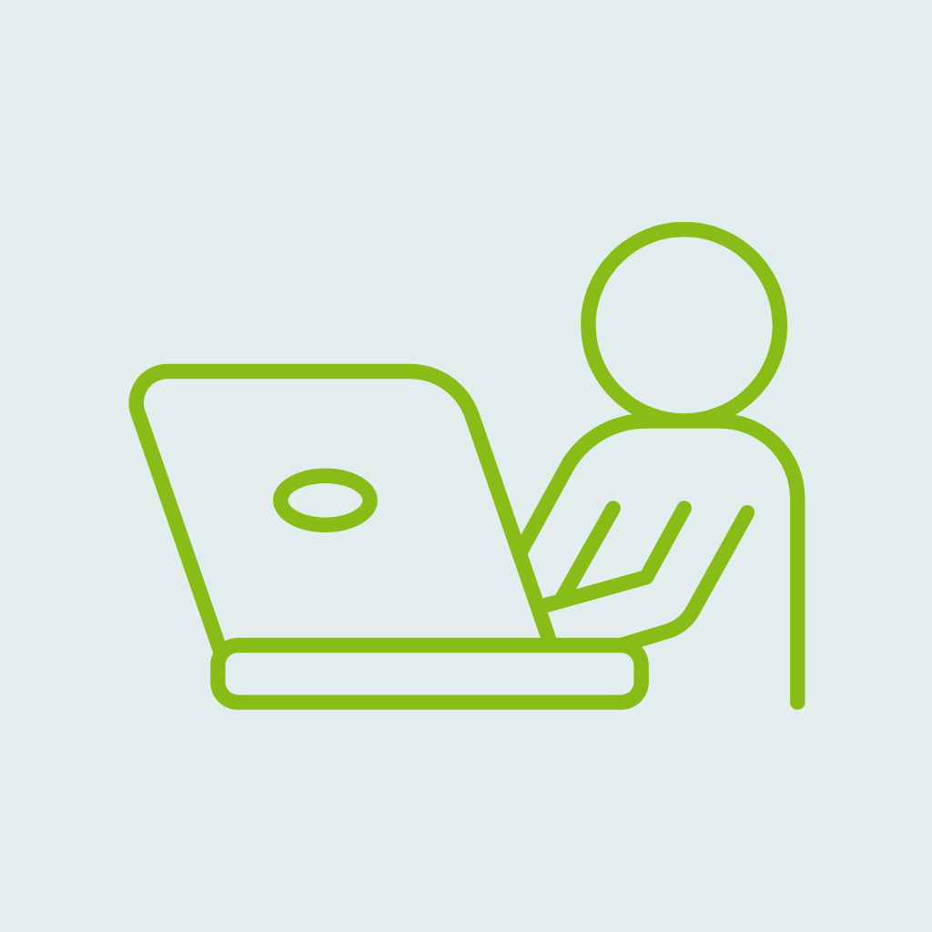 An icon of a person using a laptop with a teal background and green lines.