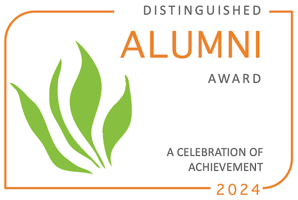 An orange border outlines GHGMI's green kelp logo and the text, "Distinguished Alumni Award. A celebration of achievement. 2024."