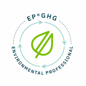 The EP(GHG) logo features a green leaf icon that also looks slightly like a power plug encircled with arrows and the text, "EP(GHG) Environmental Professional."