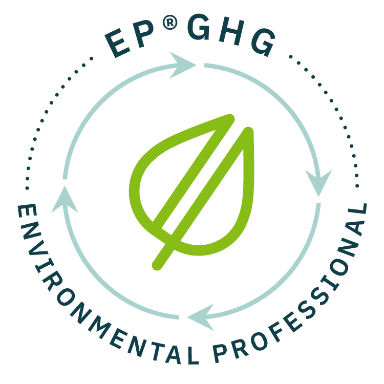 The EP(GHG) logo features a green leaf icon that also looks slightly like a power plug encircled with arrows and the text, "EP(GHG) Environmental Professional."