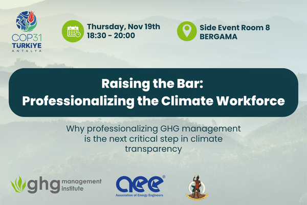 Event flyer for GHGMI and AEE's side-event at COP31 on November 19, 2026 from 6:30 PM to 8:00 PM Türkiye time.